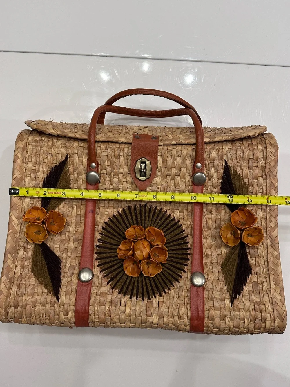 Vintage 70s Mexican Straw Woven Basket Purse Floral Raffia Boho Box Bag